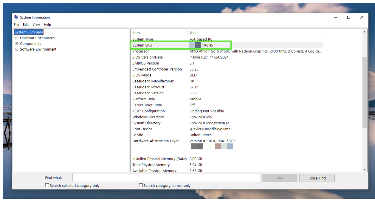 Type System Information in the Start menu to open the interface and find your Product ID next to System SKU